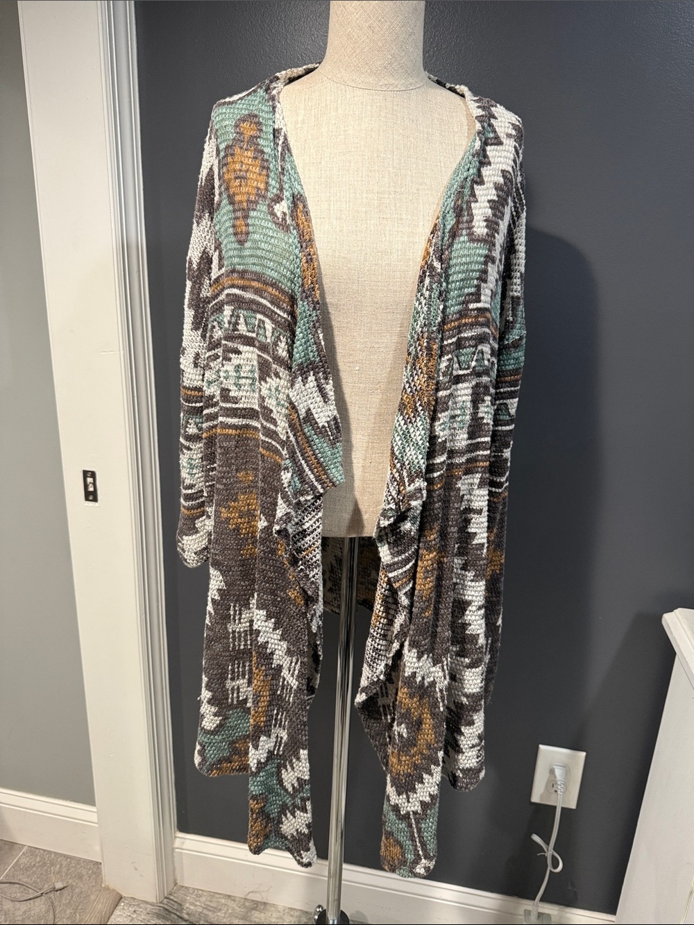 Xhilaration Open-Knit Cardigan in Gray, Teal & Mustard